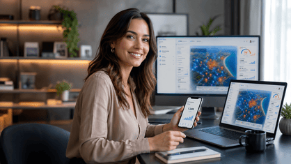 Vendedora digital com notebook, celular e dashboards RottaX