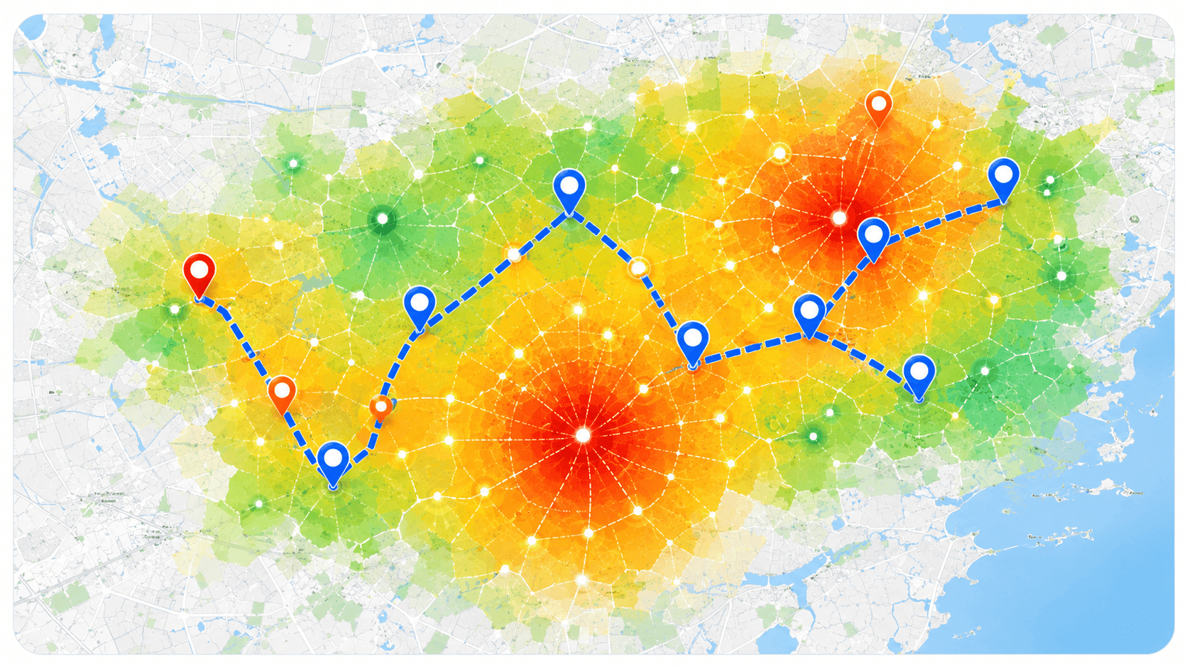 Mapa de calor operacional com rota do plano PRO